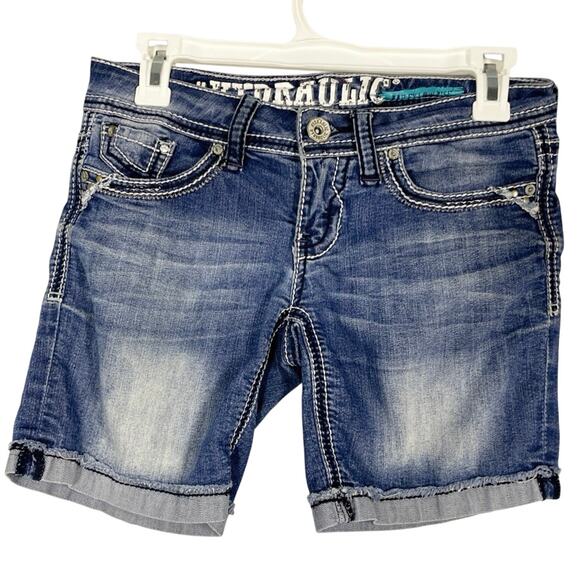 Hydraulic, Size 1/2, Y2K Denim Shorts, Low Rise, Contrast Stitching, Embroidered - Picture 1 of 8